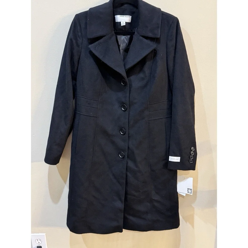 Anne Klein Black Wool CASHMERE Blend Coat Women's Size 4 Classic Tailored Long